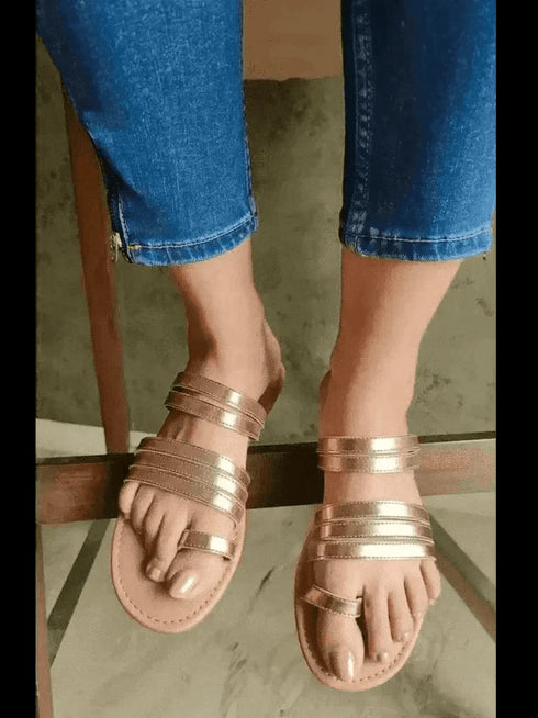 Womens Rose Gold Gladiator Slip Ons